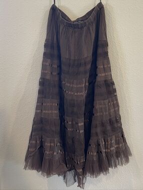 Tango Mango Womens Brown Pull On Tiered Lace Ruffle Satin Trim Maxi Skirt SZ SM